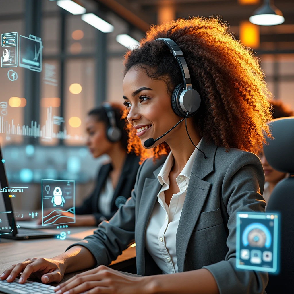 Create an image of a young woman resembling Andy Allo, working as a customer service representative in a futuristic setting. She has medium-length, curly hair with a golden brown hue and a warm skin tone. She is wearing a casual yet professional outfit, like a fitted jacket over a simple blouse. The setting around her is a high-tech office space with holographic screens and digital interfaces floating around her. She is seated at a sleek desk with a headset on, and her expression is focused yet approachable, capturing the charm and elegance similar to Andy Allo. The background features large windows showing a cityscape with tall buildings and a bright, clear sky.