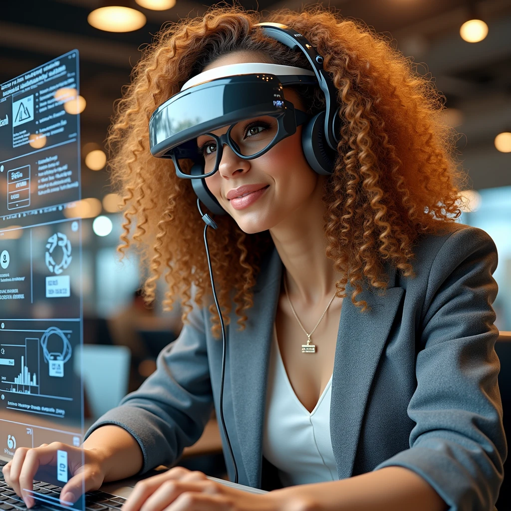 Create an image of a young woman resembling Andy Allo, working as a customer service representative in a futuristic setting. She has medium-length, curly hair with a golden brown hue and a warm skin tone. She is wearing a casual yet professional outfit, like a fitted jacket over a simple blouse. The setting around her is a high-tech office space with holographic screens and digital interfaces floating around her. She is seated at a sleek desk with a headset on, and her expression is focused yet approachable, capturing the charm and elegance similar to Andy Allo. The background features large windows showing a cityscape with tall buildings and a bright, clear sky.