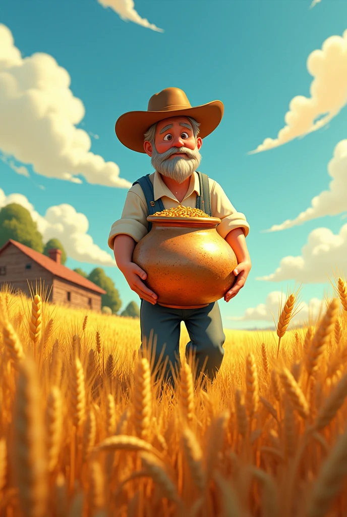 Create a cartoon video showing the farmer finding the shiny pot in the field, taking it home, and discovering its magical properties as it fills with grain.