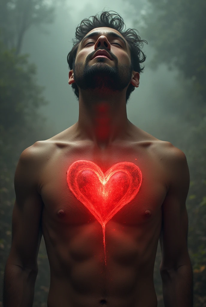 I wanted an image that refers to this love that doesn't fit in the chest, like a heart coming out of the chest., of a man