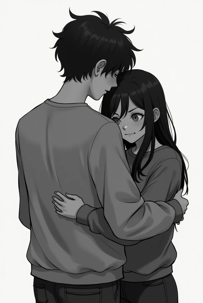 Back of tall, thin boy, with semi-long wavy hair in black and white with Argentine features, with sad sweatshirt kissing a short girl with glasses long black hair and bangs, round face and dimples on the cheek with Bolivian features with a sweatshirt