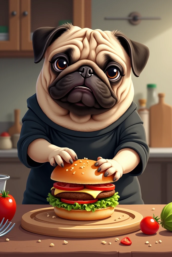 Pug in black shirt making a burger