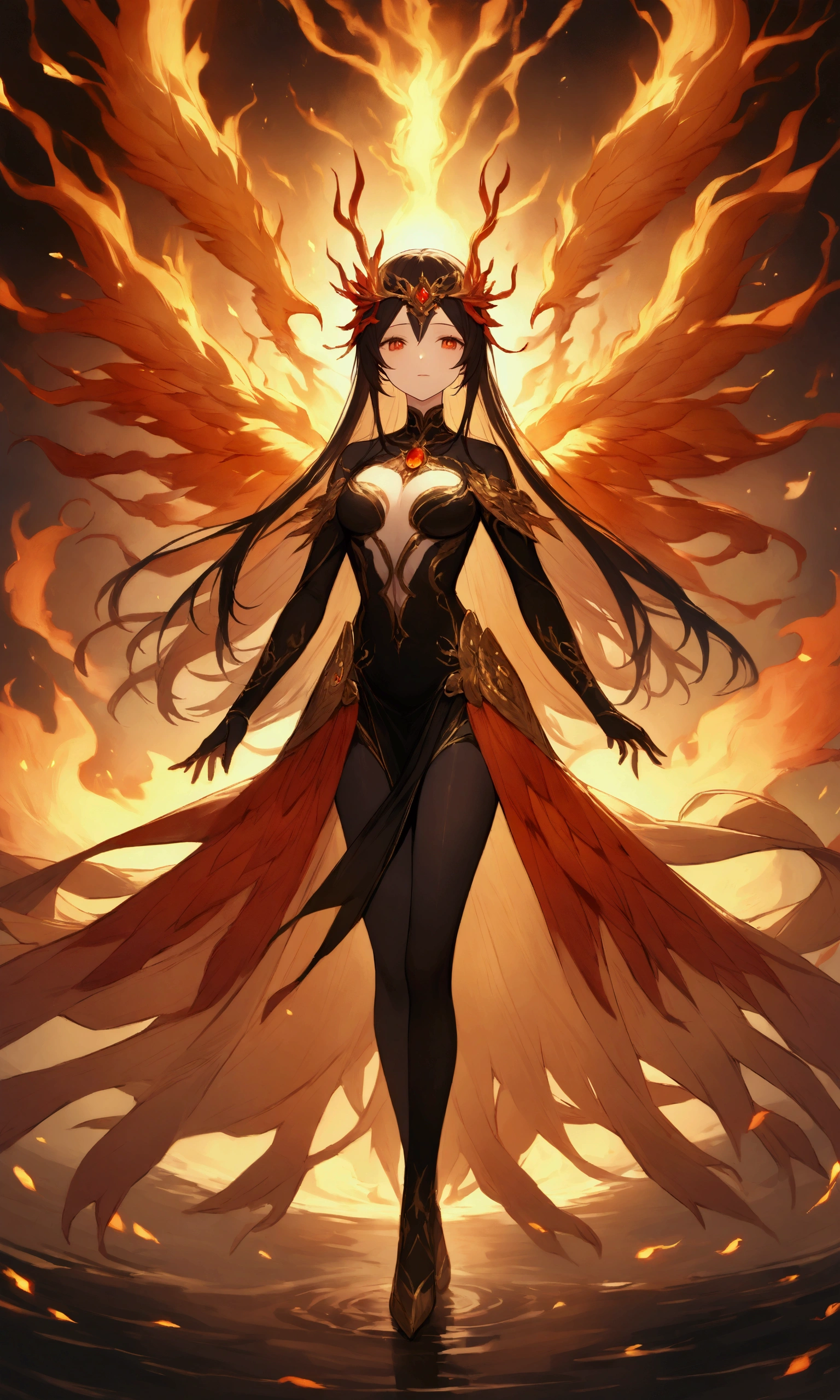 The mythology bird Phoenix also known as the Fenghuang is a divine figure bird with a body made of beautiful flames, the whole area is in great flames and raining fire, burning everything down and starting all over again, the ruler of reincarnation and eternity, behind it a pitch-black space will be left and everything will burn up, a dazzling light will remain and a new life will begin