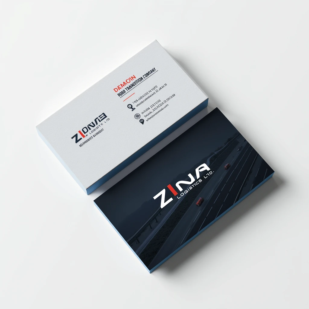 Create a professional and dynamic business card for a company named 'Zina Logistics Ltd.,' which is a road transportation company. The card should feature elements that represent road transportation, such as a stylized road, truck, or highway icon. The company name 'Zina Logistics Ltd.' should be prominently displayed in a bold and modern font. Use a clean and neutral color scheme, like shades of grey, black, or blue, to convey professionalism and reliability. The overall layout should be sleek and well-balanced, with the company description 'Road Transportation Company' subtly placed beneath the company name. Additional design elements related to transportation can be incorporated, such as tire tracks, arrows, or a subtle map pattern, to reinforce the theme. The design should remain professional and clear, with ample white space for a clean look.