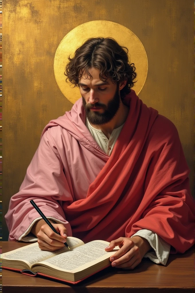 apostle saint matthew, with pinkish red cloak, writing in your book with a "plume", and in the background a golden wall.