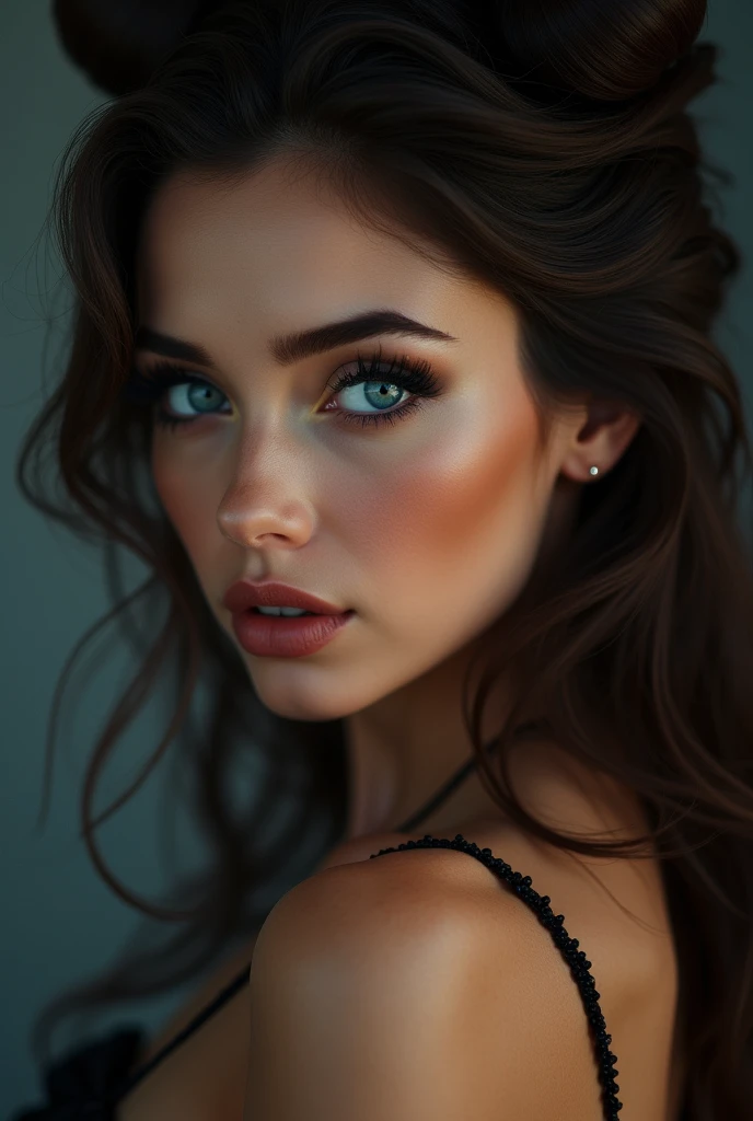 a beautiful, hot, italian women,wink,
seductive face blue eyes, ultrarealistic BLUE EYES,hyper detailed perfect eyes, photorealism, studio lighting, masterpiece, lange Wimpern, Elegante Pose, dramatische Beleuchtung, zwillingsschwänze