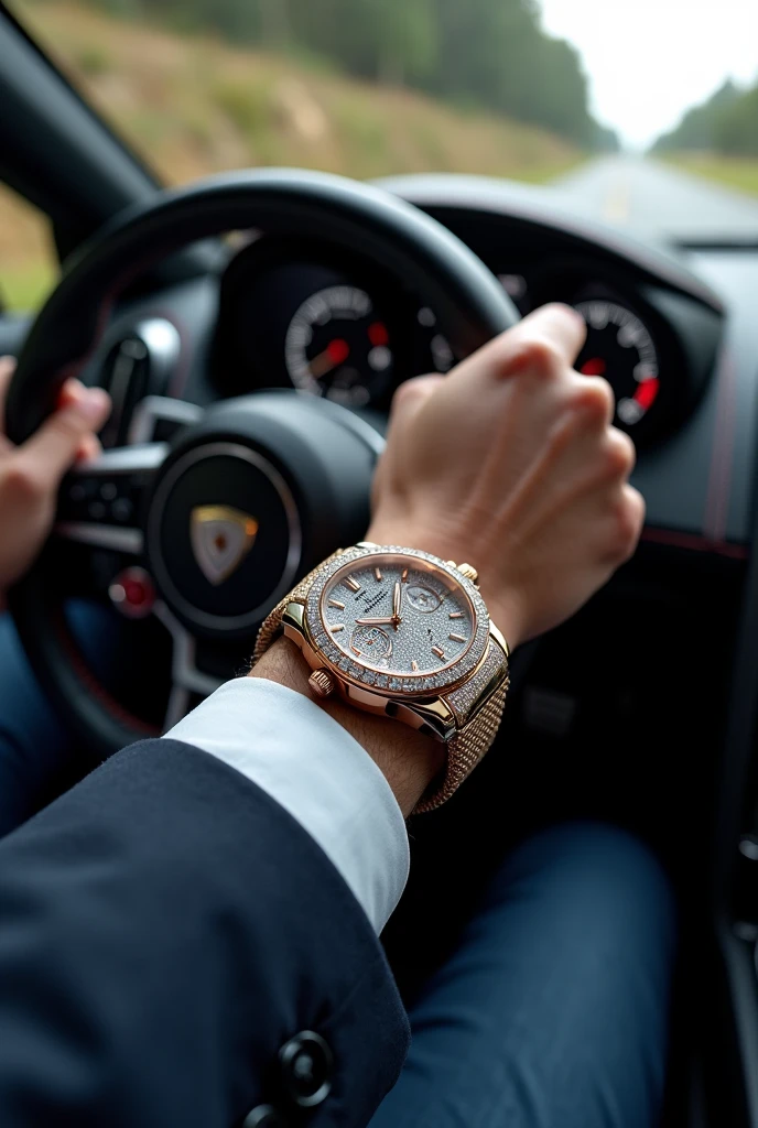 First person point of view Diamond watch behind the wheel of a foreign car