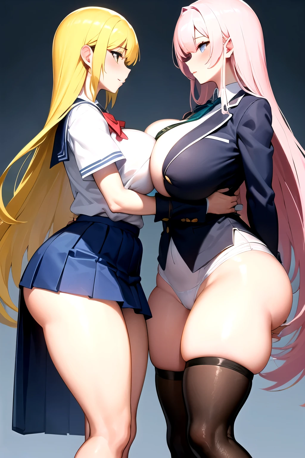 Lesbian (very long loose yellow hair)(big breasts, big thighs)(with school uniform clothes it is very tight) that he is kissing at school with his girlfriend,(big breasts, big thighs)lesbian love