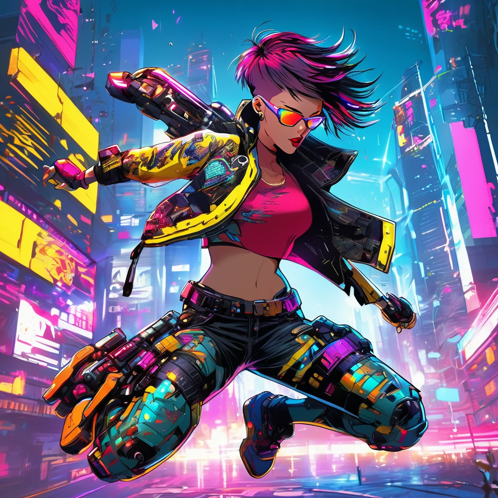 1 cyberpunk girl, sunglasses, short hair, robotic arm, tattoo on a large part of the body ,  jumping pose ,big cyberpunk city at night in background, detail richness, masterpiece, best quality, explosion of flashy colors , cyberpunk 2077 style