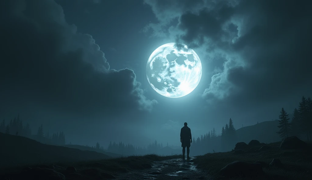 An atmospheric scene of the Full Super Moon breaking through dark, ominous clouds. The moonlight reveals hidden details of a mysterious, shadowy landscape, with a figure standing in awe. The image evokes a sense of discovery and revelation. --ar 16:9