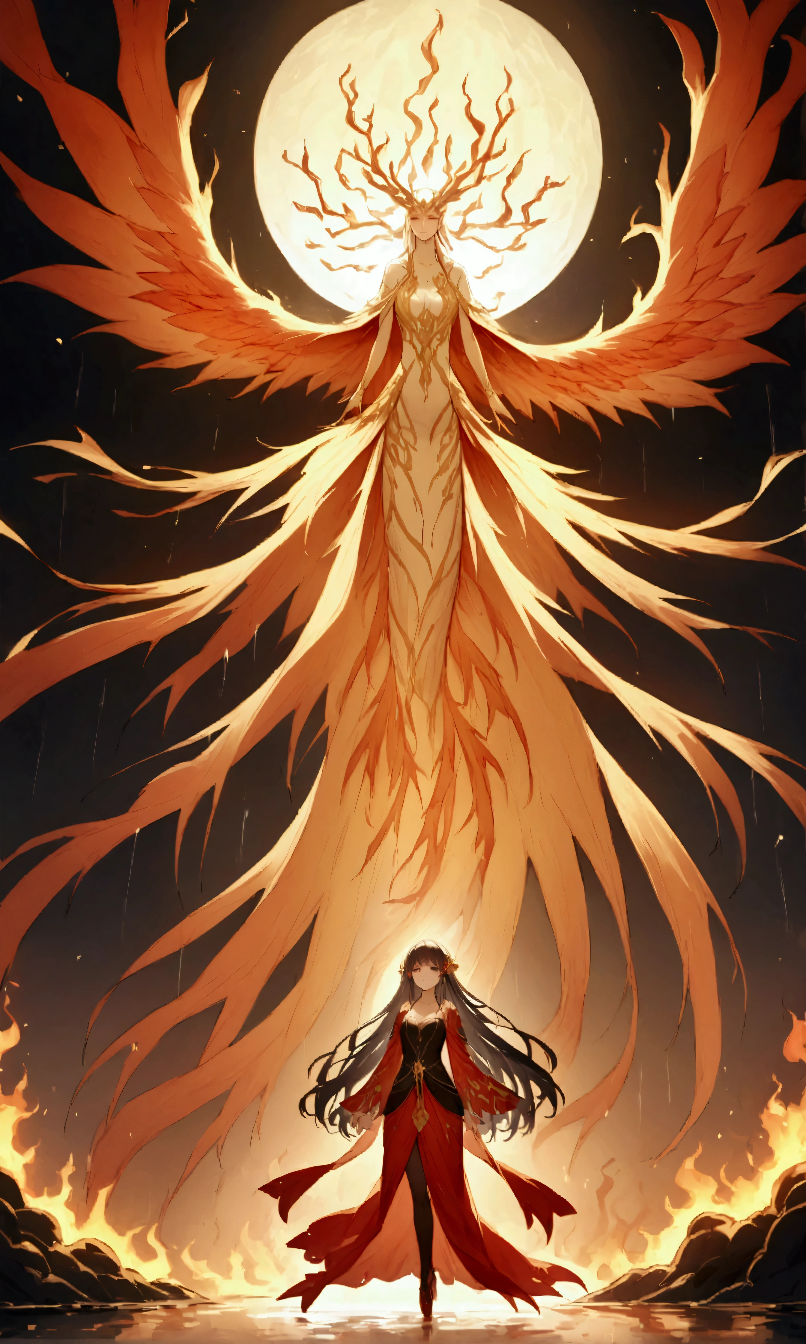 The mythology bird Phoenix also known as the Fenghuang is a divine figure bird with a body made of beautiful flames, the whole area is in great flames and raining fire, burning everything down and starting all over again, the ruler of reincarnation and eternity, behind it a pitch-black space will be left and everything will burn up, a dazzling light will remain and a new life will begin