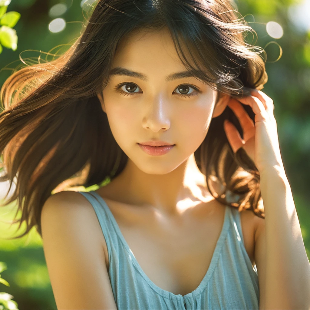 A hyper-realistic image of a single Japanese woman in her early 20s, captured with the nostalgic warmth and subtle graininess of a film camera. Her skin has a warm beige tone with a natural, slightly rough texture that includes visible pores, fine lines, and subtle imperfections such as small blemishes, adding to the authenticity of her appearance. The soft, diffused natural light enhances the film-like quality, casting gentle shadows that create a timeless, organic feel. Her straight, glossy black hair frames her face in a natural, slightly tousled manner, and her deep brown eyes reflect the ambient light, adding depth and emotion. The film camera effect introduces a slight grain and a softer focus, giving the image a warm, nostalgic atmosphere while maintaining the realistic texture of her skin. A subtle hint of summer is present, as the light plays off the slight sheen of her sun-kissed skin, and a gentle breeze lightly tousles her hair. The background softly hints at a summer setting, with a glimpse of bright, sunlit greenery or the suggestion of a warm, clear sky. She is dressed simply, perhaps in light, breathable fabrics that suggest the warmth of the season, complementing her natural beauty. The overall composition is designed to evoke a sense of genuine, understated elegance, capturing the imperfections and summer warmth that make her beauty truly lifelike, focusing solely on this one individual.