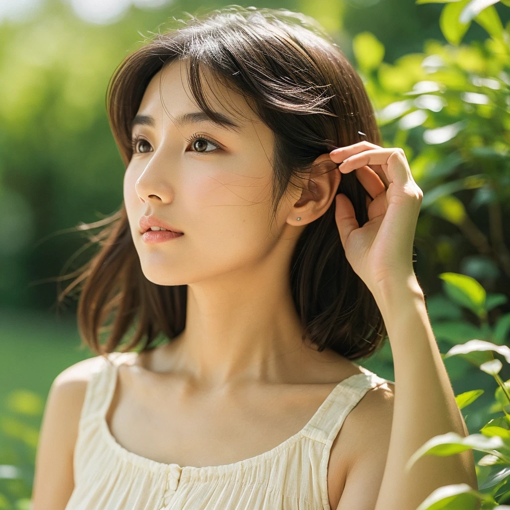 A hyper-realistic image of a single Japanese woman in her early 20s, captured with the nostalgic warmth and subtle graininess of a film camera. Her skin has a warm beige tone with a natural, slightly rough texture that includes visible pores, fine lines, and subtle imperfections such as small blemishes, adding to the authenticity of her appearance. The soft, diffused natural light enhances the film-like quality, casting gentle shadows that create a timeless, organic feel. Her straight, glossy black hair frames her face in a natural, slightly tousled manner, and her deep brown eyes reflect the ambient light, adding depth and emotion. The film camera effect introduces a slight grain and a softer focus, giving the image a warm, nostalgic atmosphere while maintaining the realistic texture of her skin. A subtle hint of summer is present, as the light plays off the slight sheen of her sun-kissed skin, and a gentle breeze lightly tousles her hair. The background softly hints at a summer setting, with a glimpse of bright, sunlit greenery or the suggestion of a warm, clear sky. She is dressed simply, perhaps in light, breathable fabrics that suggest the warmth of the season, complementing her natural beauty. The overall composition is designed to evoke a sense of genuine, understated elegance, capturing the imperfections and summer warmth that make her beauty truly lifelike, focusing solely on this one individual.