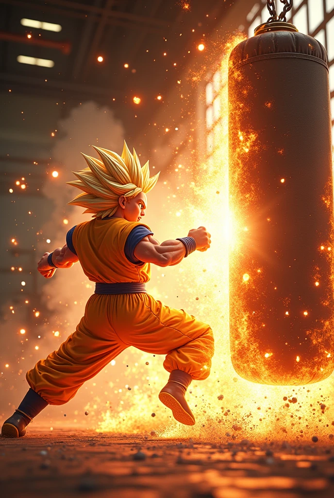 Create a video of a Super Saiyan punching a boxing bag while scenes appear as if the bag were exploding and scenes also appear as if the bag were (((beating))) very much with the (((to establish))) dos ((Hits)) from his hand giving a very strong blow to the point of tearing