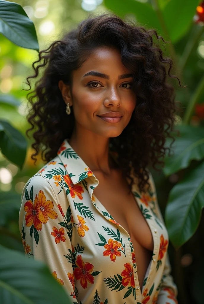 A Brazilian woman in a lush tropical garden, wearing an open shirt with a floral print, with a close-up capturing the harmonious beauty between her breasts and the natural flowers, showing off your natural charm and outgoing personality.