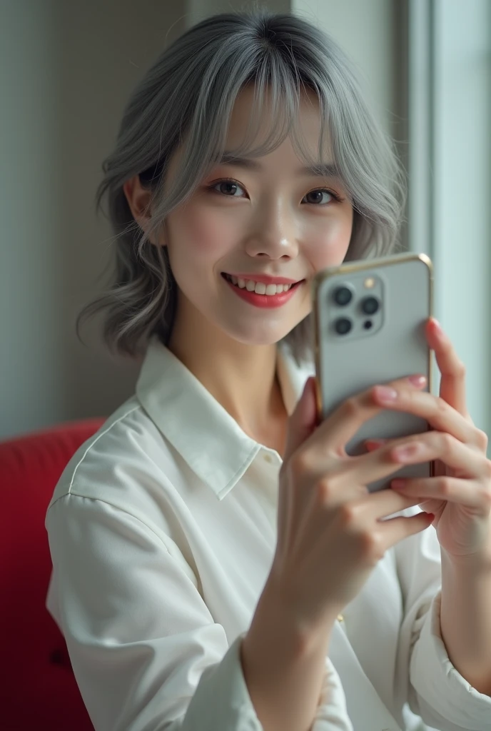 highly detailed, beautiful, hyper Realistic girl, masterpiece, best quality, Depict a mysterious and sophisticated beautiful Japanese gravure model,, 28-years-old, identity hidden, all body shot, / gray arranged hair, small head, Detailed face, cute and Pretty slim face, wide Duck mouth, perfect beautiful Tooth, arranged gray hair, shiny eyes, blue-colored eyes, Realistic skin, Detailed face, / there is a woman sitting on a red chair with a white shirt, Yoshitomo Nara, cute seductive smile, friendly seductive smile, Good young girl, Gorgeous young Korean woman, girl cute-fine-face, Korean Girl, Beautiful Asian Girl, Lovely smile, Beautiful young Korean woman, beautiful Korean women, 2 //// simple white single room, gray frame mirror, complicated background /// takes a selfie in her room using a smartphone in front of a mirror with one hand, standing and fashion model Posing, all body below shot, looking away from the camera,