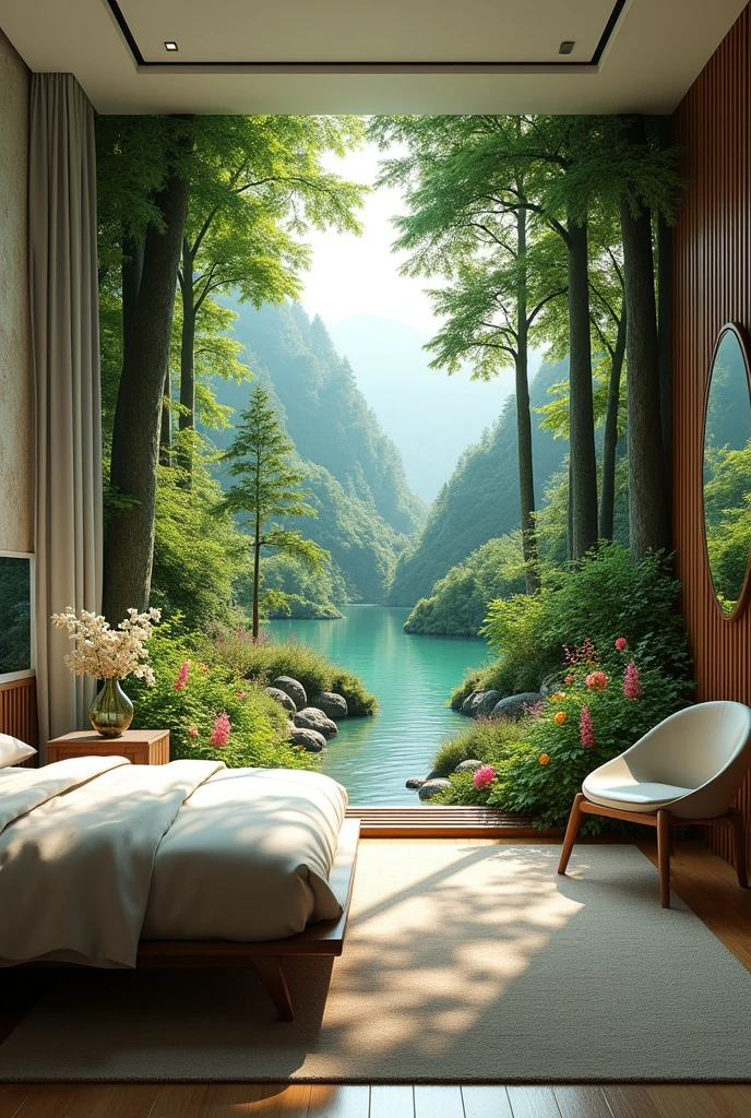 Inside a room there is a beautiful forest that has many flowers and a beautiful lake and various modern furniture such as a bed, mirror and tables.