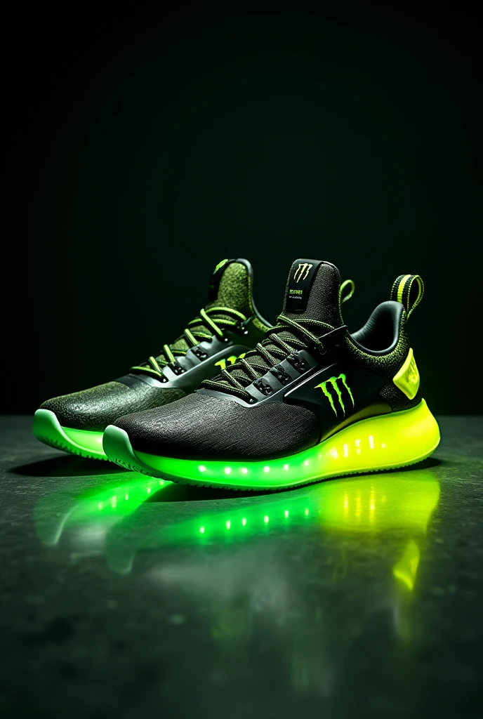 portrait artistic photo of  monster energy brand  sport shoes , only green fluorescent , black and yellow colors