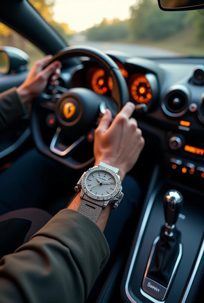 First person point of view Diamond watch behind the wheel of a foreign car