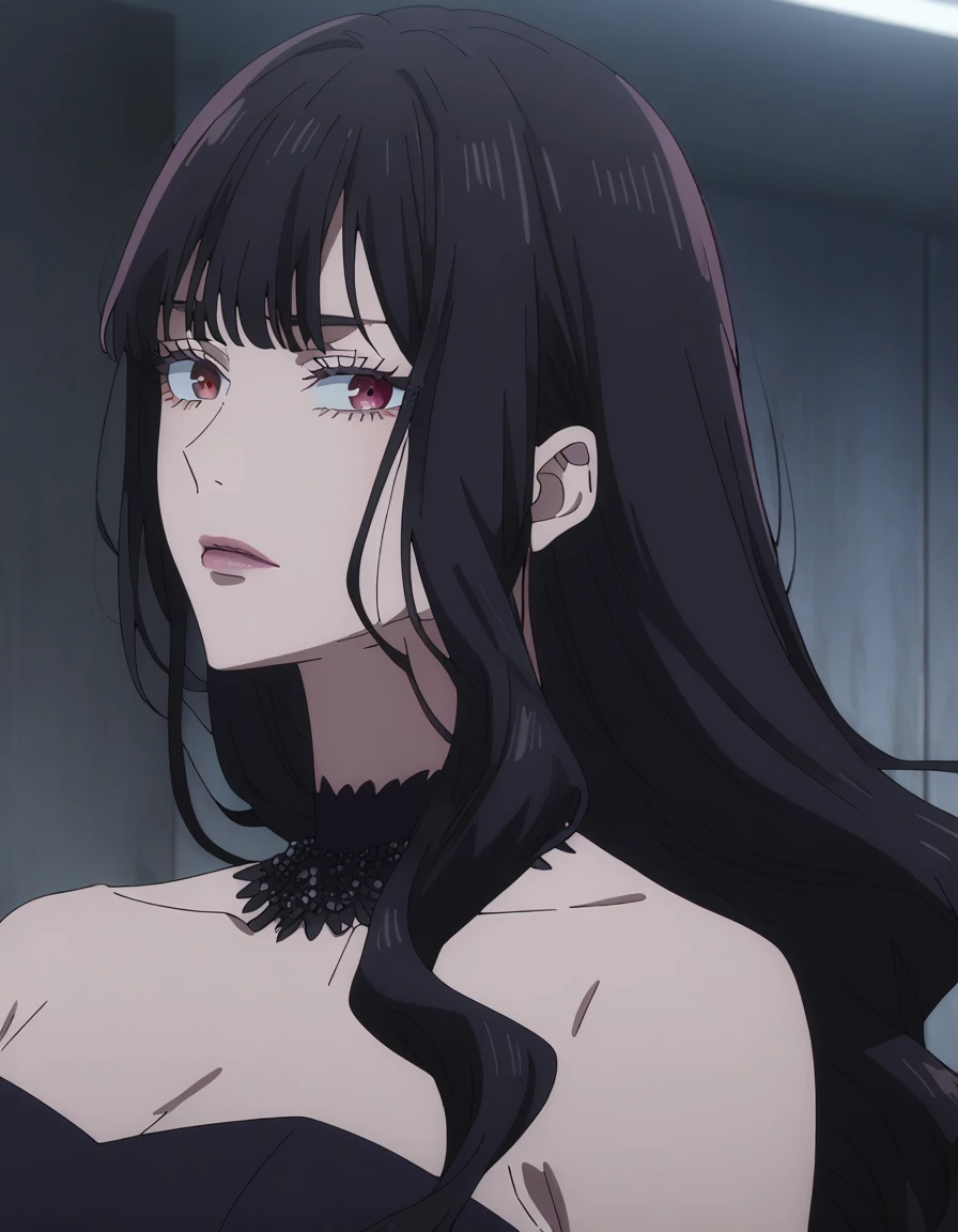 1girl, female gojo satoru, anime screencap from jujutsu kaisen, gojo satoru female version, solo, very long_hair, ((smooth texture hair)) ((black blindfold)), ((very long wavy black_hair)) ((cat ears)) night view, breasts, upper_body, smile, indoors, book, bangs, lips (( very long wavy hair, swept bangs)) wearing black color sweater off the shoulder, breast, "very detailed and high resolution" (black blindfold) ((one hand on the chin)) ((smooth texture hair)) ((solo)) ((high resolution)) ((upper body)) (Good quality) cleavage, (sitting) (cat ears)