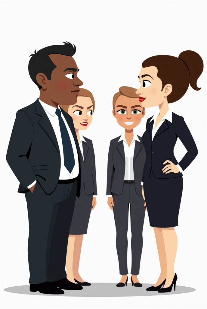 two mens, a white man and a black man and two white women in the style of the south park wearing suits with the image background white