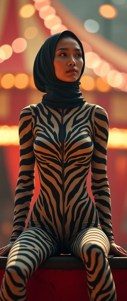 The most beautiful,thin,most pretty and clever Asian muslimah girl wears zebra lycra turtleneck unitard catsuit covered with stripes.She always wear zebra print lycra dancewear stretchy hijab.She is sitting on the circus pedestal in the circus.She listens to the animal tamer in the circus.