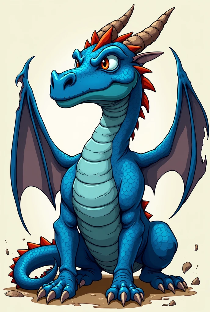 Create a blue dragon inspired by the one on the box of the latest D&D introductory kit. The dragon should have deep blue scales and a broken horn. The left eye should be white and marked with a scar from an explosion, indicating blindness. The wings should have visible damage, with some sections torn or cut. Ensure the style is traditional comic book art, using bold outlines and flat colors to avoid a childish look. The background should be plain to emphasize the detailed, battle-worn features of the dragon