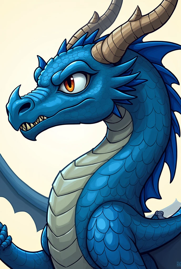 Create a blue dragon inspired by the one on the box of the latest D&D introductory kit. The dragon should have deep blue scales and a broken horn. The left eye should be white and marked with a scar from an explosion, indicating blindness. The wings should have visible damage, with some sections torn or cut. Ensure the style is traditional comic book art, using bold outlines and flat colors to avoid a childish look. The background should be plain to emphasize the detailed, battle-worn features of the dragon