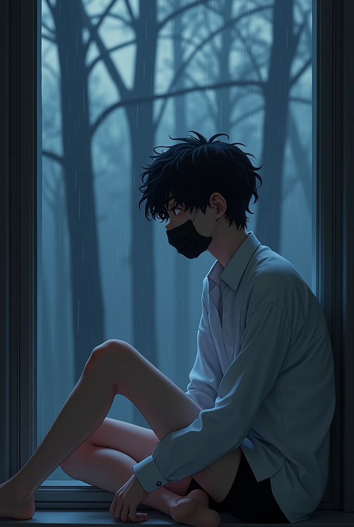 Anime boy with black curly hair wearing a white dress shirt with long sleeves and black boxer briefs wearing a black surgical mask sitting in an anime pose in front of a window with a rainy forest landscape at night, realistic anime 3d style, Ilya Kuvshinov. 4K, anime styling, photorealistic anime, Guweis style, Anime CG Art, pose de anime, frontal photo, fully body