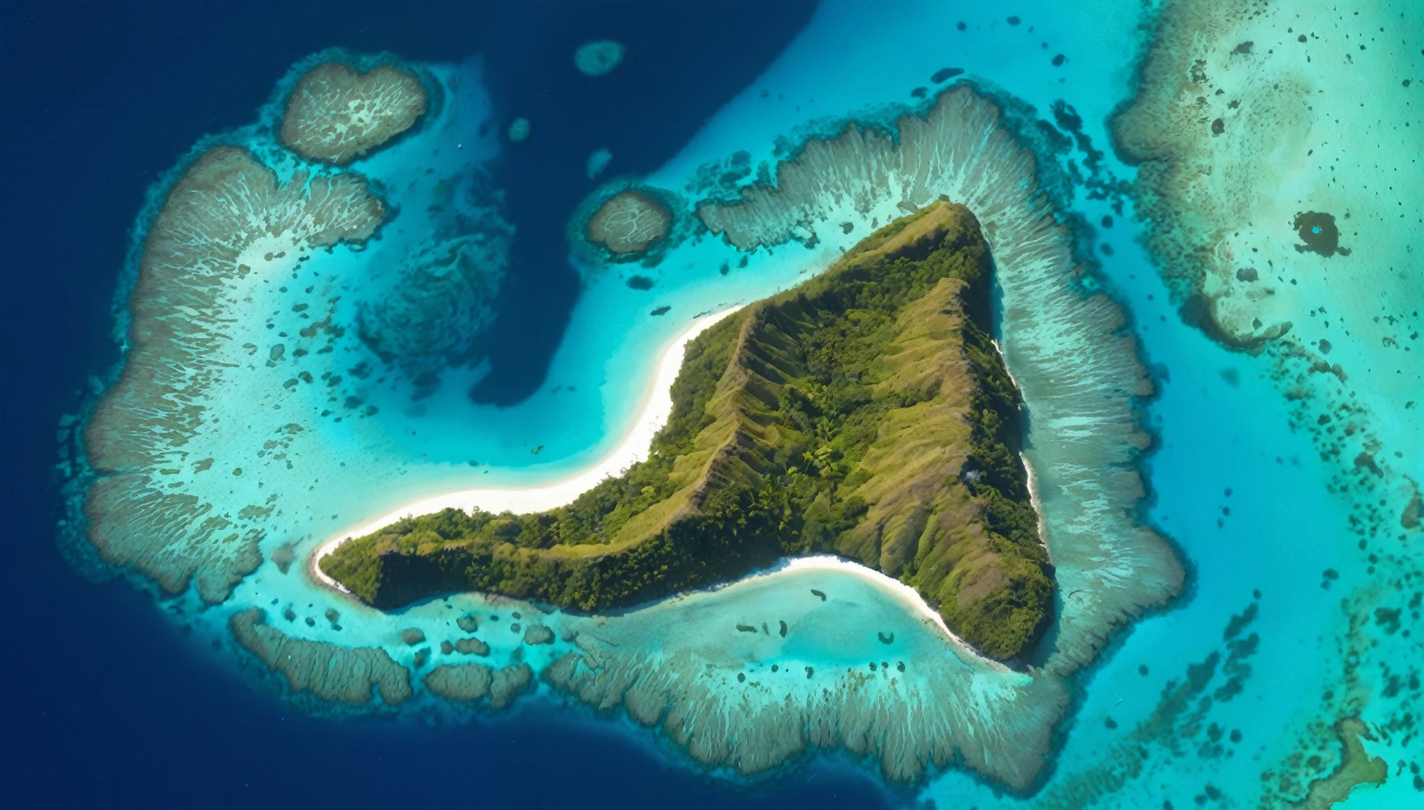  Fiji Island & Satellite Images Aerial view Fiji Island from top to bottom. The image should capture the following elements: It shows the island surrounded by crystal clear waters in shades of turquoise and green. The coast should be flanked by white sand beaches, with small waves breaking gently on the shore.
