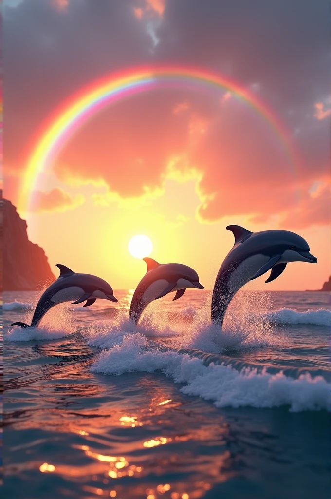 Dolphins jumping in a sunset and a rainbow 
