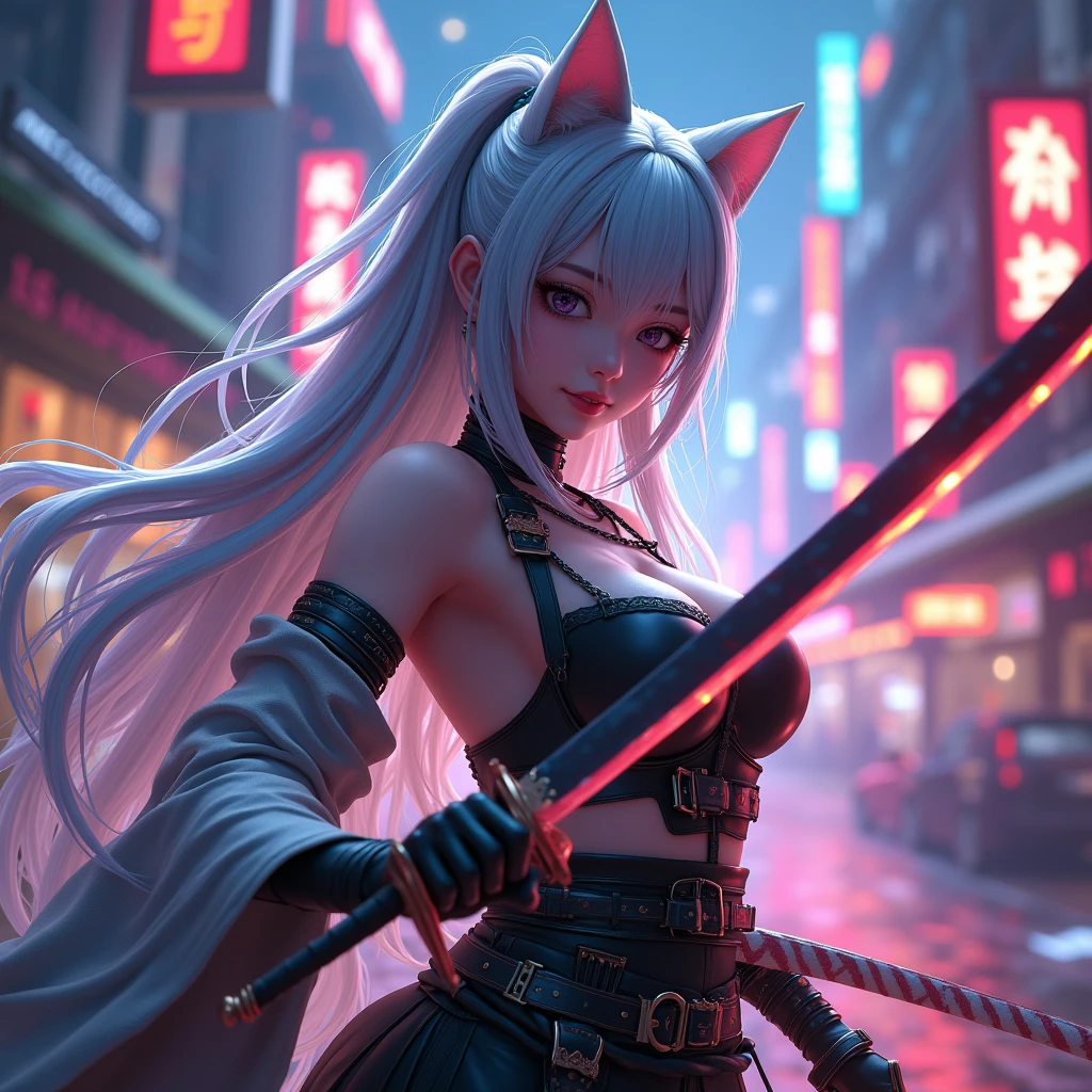 Anime character holding a sword in the night city, Amazing anime 8k, Very beautiful cyberpunk samurai, Anime Style 4k, knife zero video game character, she is holding a knife sword, knife, Artjam and Athi Gairan, dramatic wielding knife pose, Lostrun 8k, unsheathing her knife, Cat ear, Silver Hair, 3DCG, 3D Rendering, A fascinating body, Energetic, Large Breasts, A seductive smile, moving line, 