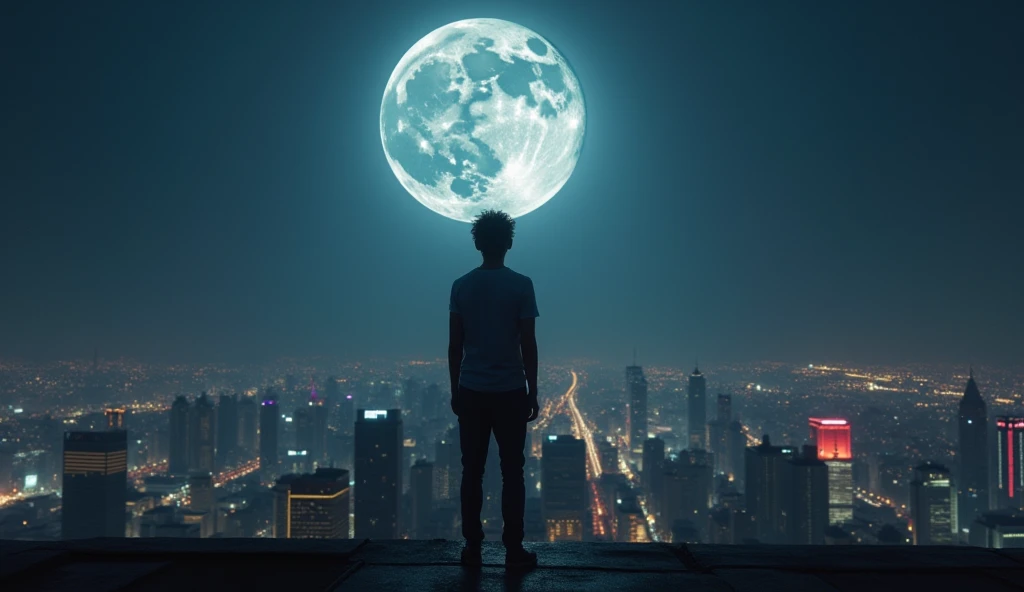 A striking image of the Full Super Moon viewed from a rooftop in a bustling city. The city lights contrast with the moon’s intense brightness. A person stands on the rooftop, gazing up with a look of deep contemplation. The scene captures a sense of introspective contrast between the city’s energy and the moon’s serenity. --ar 16:9