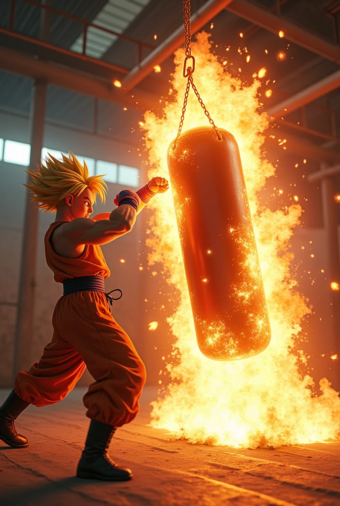 Create a video of a Super Saiyan punching a boxing bag while scenes appear as if the bag were exploding and scenes also appear as if the bag were (((beating))) very much with the (((to establish))) dos ((Hits)) from his hand giving a very strong blow to the point of tearing