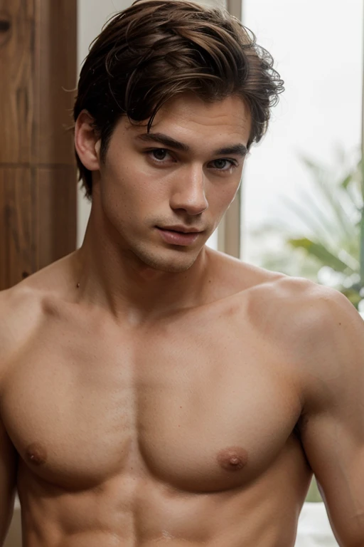 Young handsome cute beautiful skinny white face without shirt con un coala