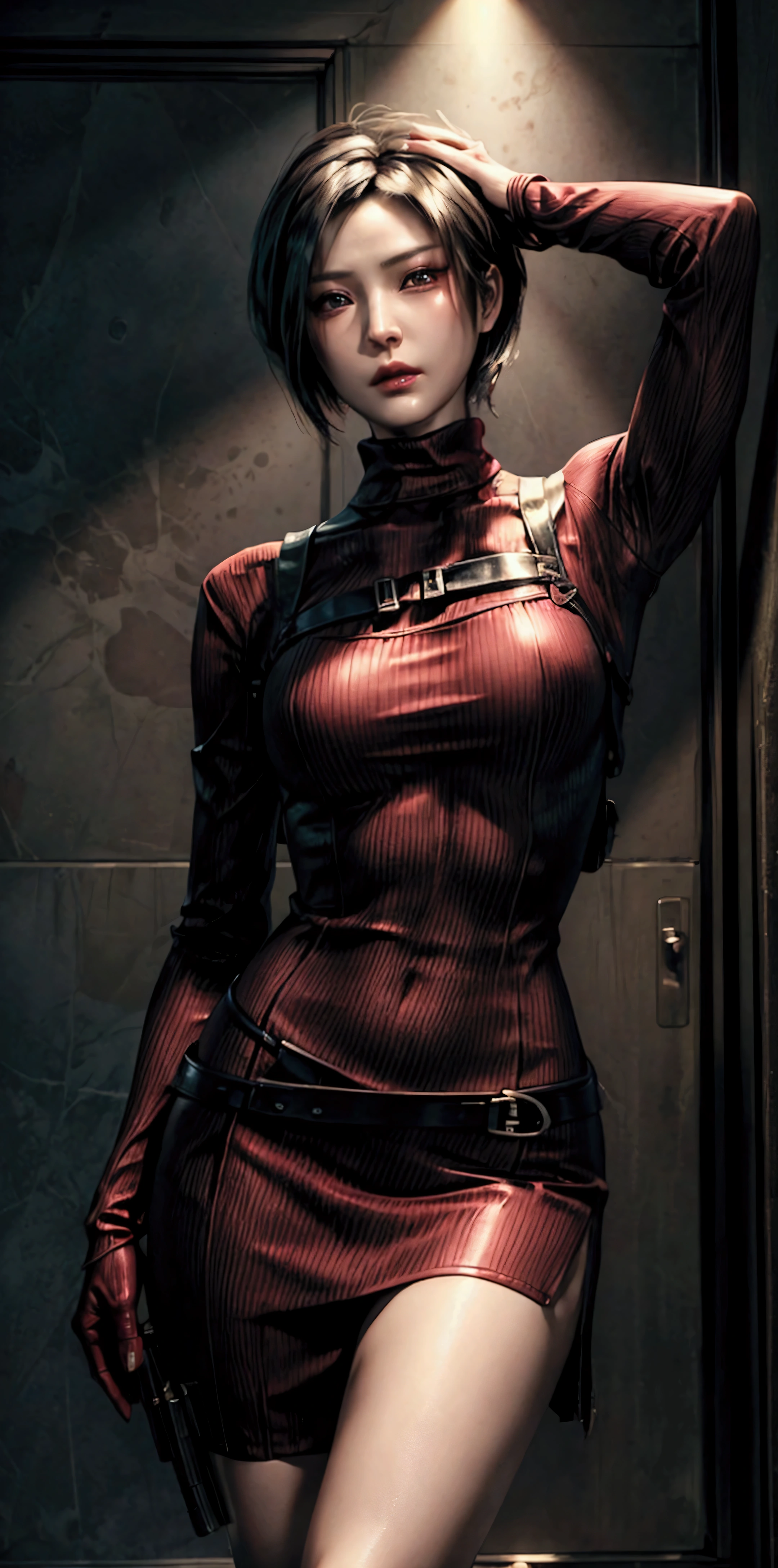 Ada wong, resident evil art, realistic skin, (detailed pretty face), beautiful face, thin narrow waist, medium round breatst, red tight dress, military straps and belts, ribbed sweater, realistic, sexy pose, open beauty legs, ultra realistic