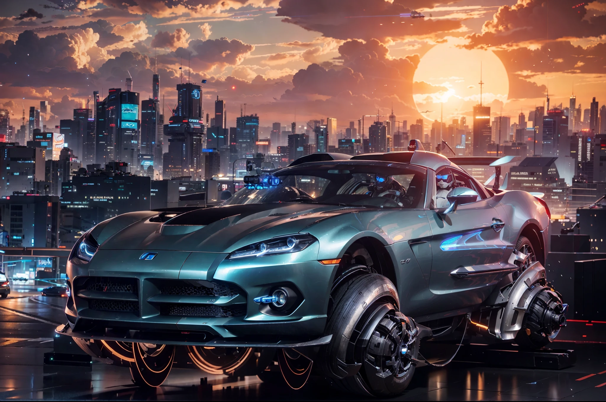 there is a car with a gun on the front of a cyber city at dusk, anime art vehicle concept art, sci-fi car, car concept art, 3 d octane render conceptart, highly realistic concept art, daniel maidman octane rendering, octane. trending on artstation, futuristic cars and mecha robots, neofuturistic highly detailed, 8 k high detail concept art