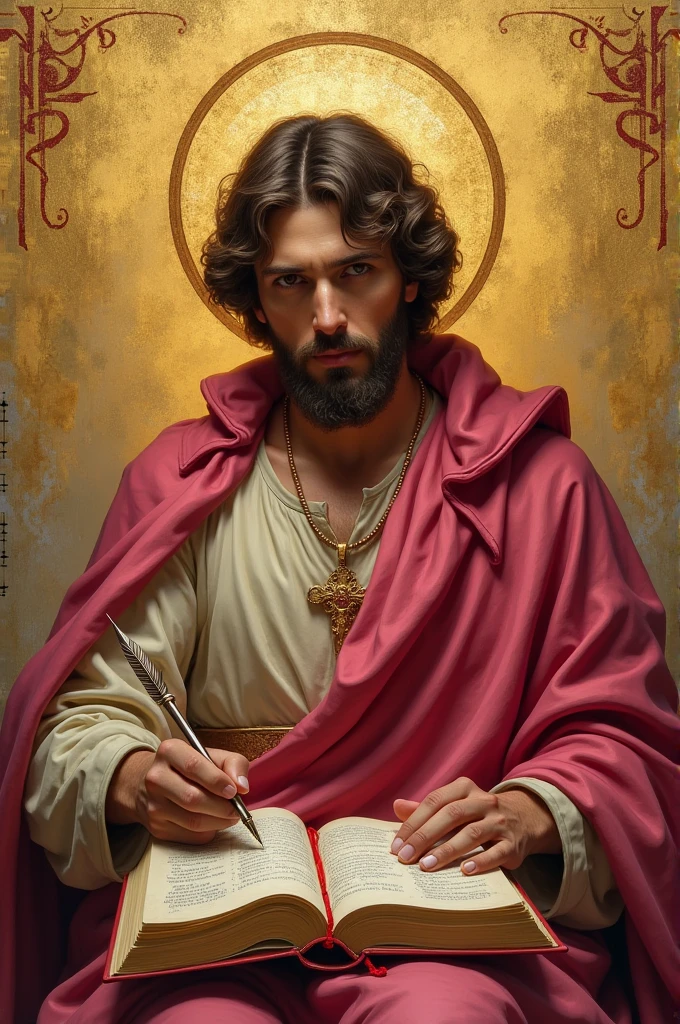 apostle saint matthew, with pinkish red cloak, writing in your book with a "Feather pen", and in the background a golden wall with a caduceus symbol.
