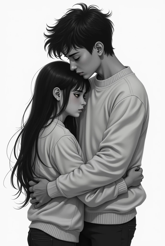 Back of tall, thin boy, with semi-long wavy hair in black and white with Argentine features, with sad sweatshirt kissing a short girl with glasses long black hair and bangs, round face and dimples on the cheek with Bolivian features with a sweatshirt