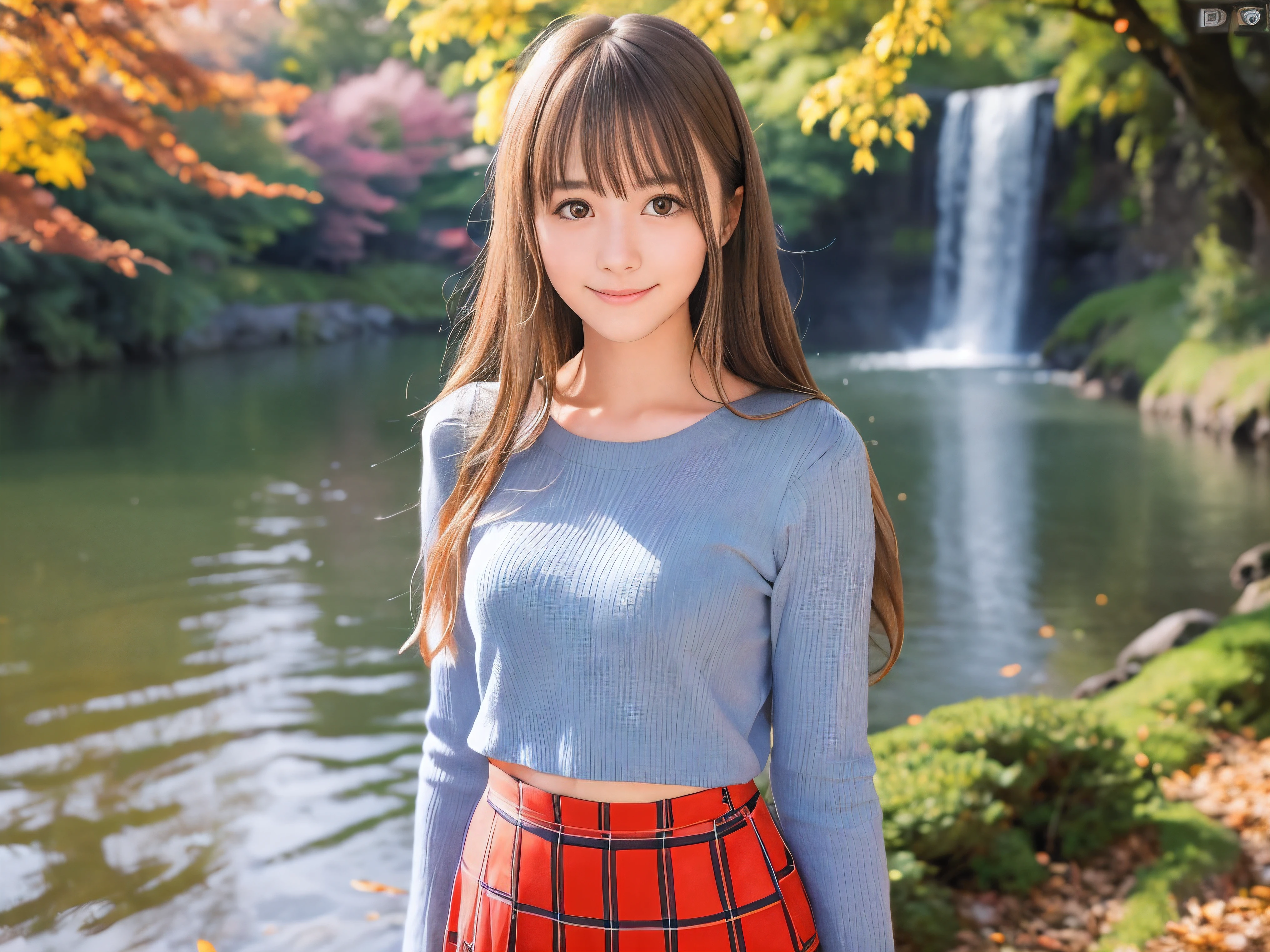 (Close up face shot of one slender small breasts half up blonde long hair with bangs girl in a long sleeves shirt and sweater and skirt:1.5)、(One blonde hair girl is dancing with small smile on the dart road near the lake and big waterfall in Japan:1.5)、(Beautiful autumn red leaves landscape:1.5)、(Natural light:1.5)、(8k ultra detailed master piece:1.5)、(perfect anatomy:1.5)、(Photorealistic stick:1.5)、(Raw photo:1.3)、(highest quality:1.5)、(High resolution:1.3)、(Delicate and beautiful perfect face:1.3)、(Delicate and beautiful eye air skin:1.3)、(Real Human Skin:1.3)、((thin legs))