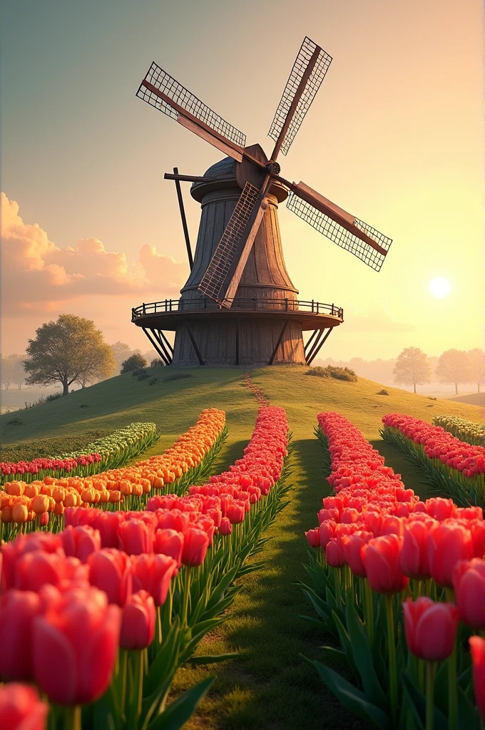 Large windmill in a field with paths with many tulips on each side in a beautiful sunset 