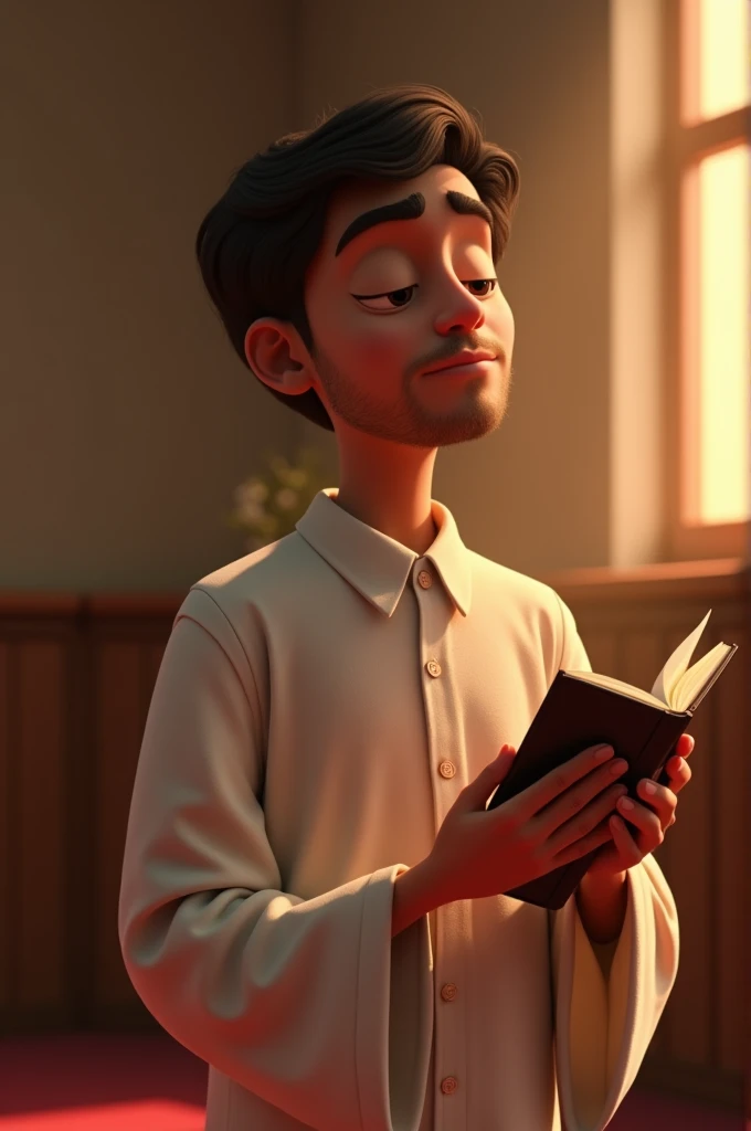 Create an image of a Christian church cell leader, drawn in a style reminiscent of the characters in the film "soul" by Disney-Pixar. The leader must have a spiritual appearance, with a serene and thoughtful expression. He may be dressed in a formal shirt or a robe., with a background that suggests a calm and sacred atmosphere, like a meeting room with soft, warm lighting. Your posture should reflect leadership and devotion., perhaps holding a Bible or raising a hand in prayer. Colors and shadows should be soft, with a focus on transmitting peace and spirituality.