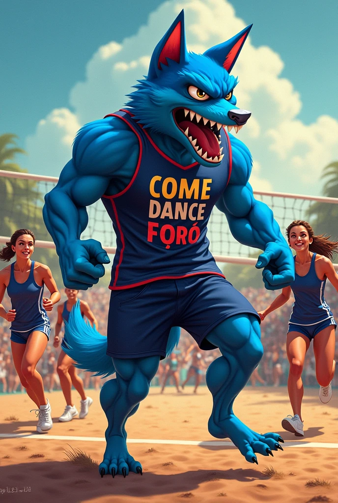 volleyball team with angry blue animal with a shirt written come dance forró 