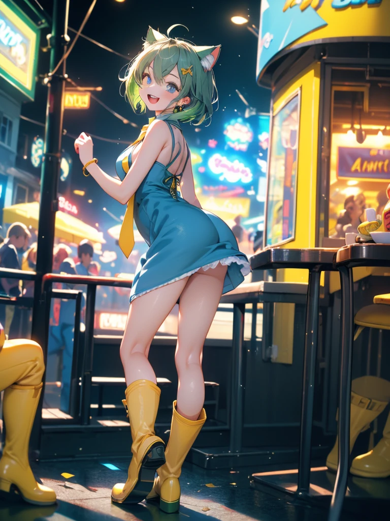 (8k, RAW Photo, Top Quality, Refined Details, Masterpiece: 1.2), (High Resolution 8k Wallpaper), Sharp Focus, Professional Lighting, Depth of Field, Cinematic Lighting, Background Blur, (1Girl:1.4), (small breasts:1.4), Smile, whole body, (white knee-high socks: 1.2), (green hair: 1.2), (blue dress: 1.4), (yellow tie: 1.4), (yellow boots: 1.4), animal ears, short hair, earrings, cat ears,blue eyes, standing looking back,playing with my boyfriend at the amusement park
