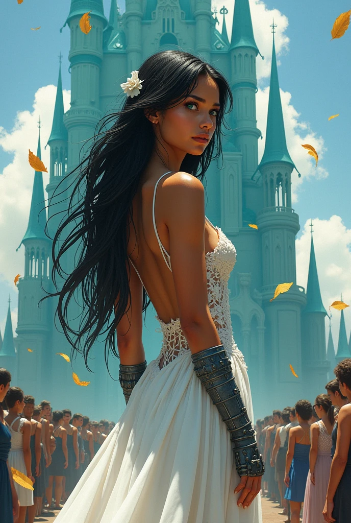 Caramel skinned princess with long black hair and blue eyes. your hands are in iron gloves. She wears a ripped white wedding dress that shows her back with vertical wear.. She is looking at a turquoise palace and is scared. There are many people looking at her. Golden leaves fall from the blue sky. Realistic illustration like fairy tales.