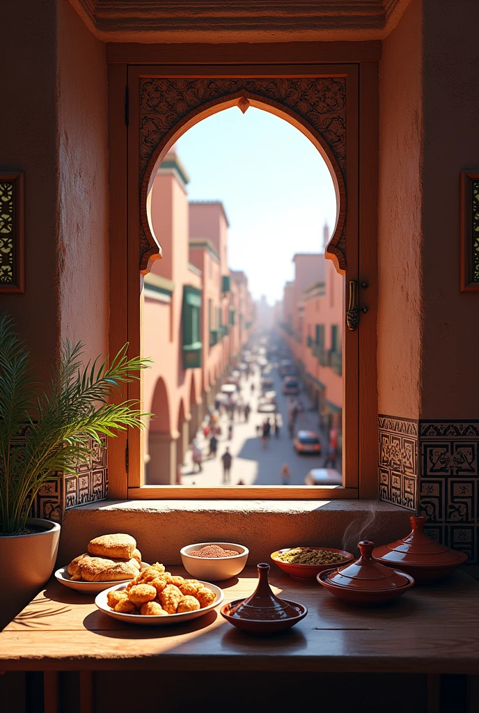 A view from a marrakesh window. There's a table with food, behind it there's a marrakesh window and from it we can see the street and houses.