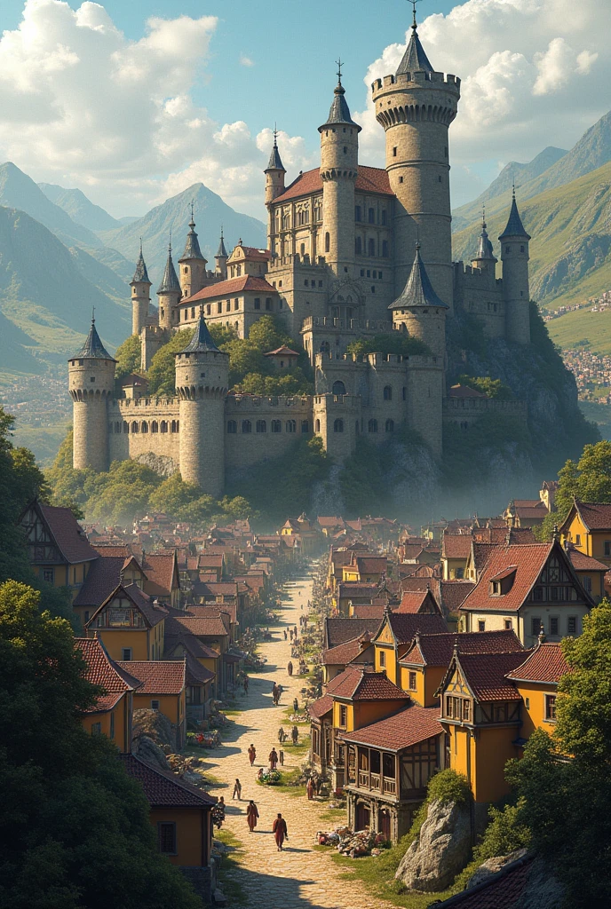 I want a castle that can be seen from above where you can see the houses and markets and in the background of the image the wall