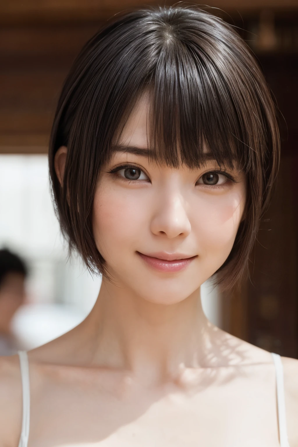 ((masterpiece, Highest quality, High resolution、Realisticですべてが美しく詳細に描かれている)), 1 person, (Realistic: 1.4), alone, White Background, snow-White Background, Mouth closed, smile, smile, Beautiful black hair, short hair, Big eyes, Transparent double eyelids, eyelash, Listen carefully, Long neck, 美しくLong neck, Absolute area, ((Face close-up)), (Draw the whole head, shoulder), 1, Attractive proportions, Glowing Skin, Beautiful clavicle, Golden ratio face, Perfect Face, Teardrop-shaped mole, chestのほくろ, bangs, clean bangs, beautiful bangs, Lip gloss, Thin lips, Fair skin, naked, Big Breasts, {Huge|big|Hugeな|Mega} chest:2, chestの谷間:2,chestの谷間を見せる、Small face, Small face, All the heads are painted, shoulder all drawn, Point slightly above the camera