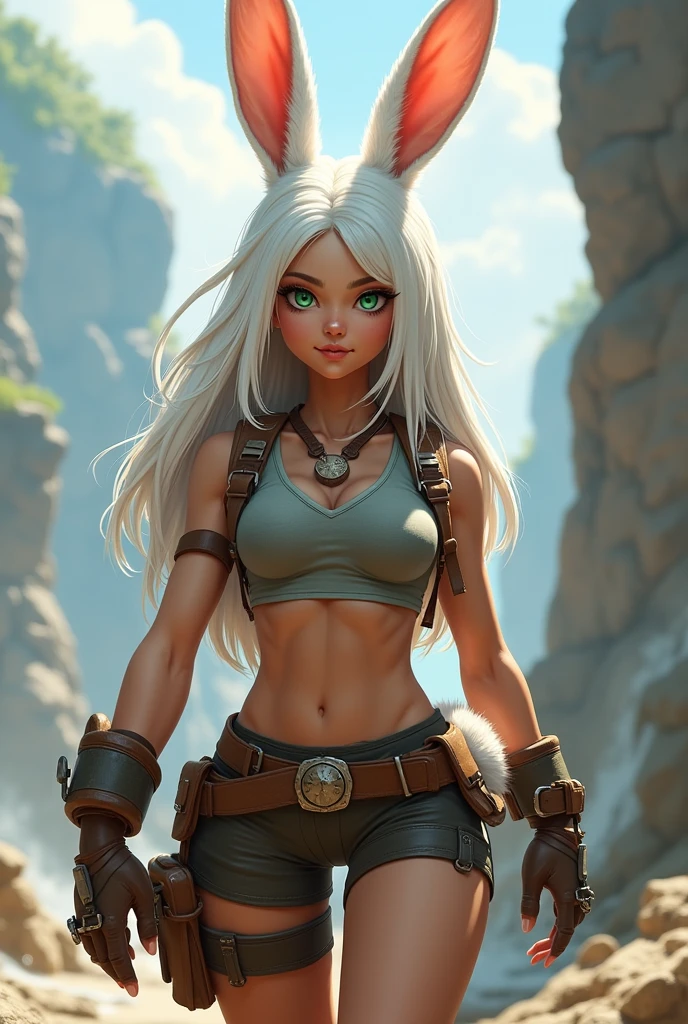 Female humanoid bunny with above average physique, wearing an adventurer outfit, light green eyes, snow white shoulder length hair and a bushy white tail.