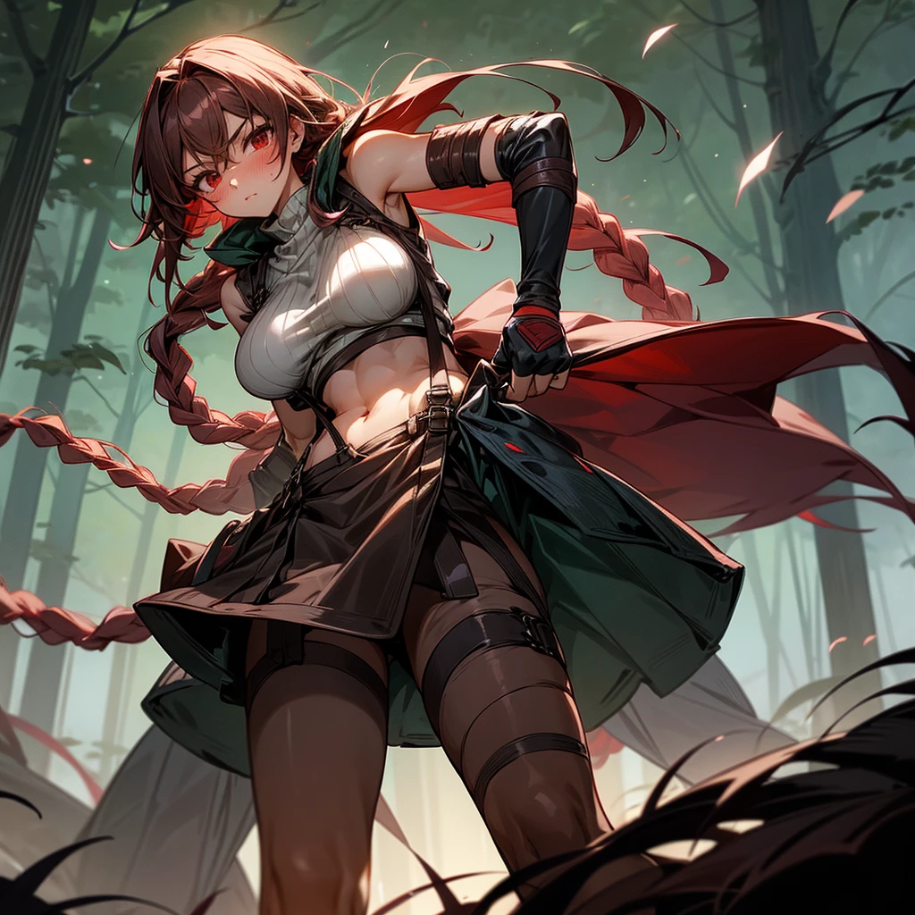 1female, sexy, big breast, young adult, finely detailed red eyes, wild long hair, braided hair, dark brown color hair, adventurer gear, suspenders, sleeveless crop top sweater, baggy combat skirt, night time, dark forest, somber expression, flowers, blushing, standing on path, lanturns, black armband, mma gloves